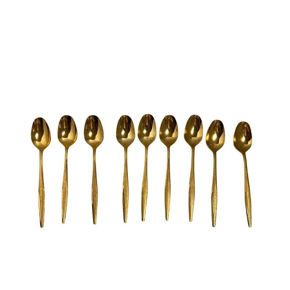 Vintage Florentine Gold Tone Teaspoons Set of 9 Textured Handle